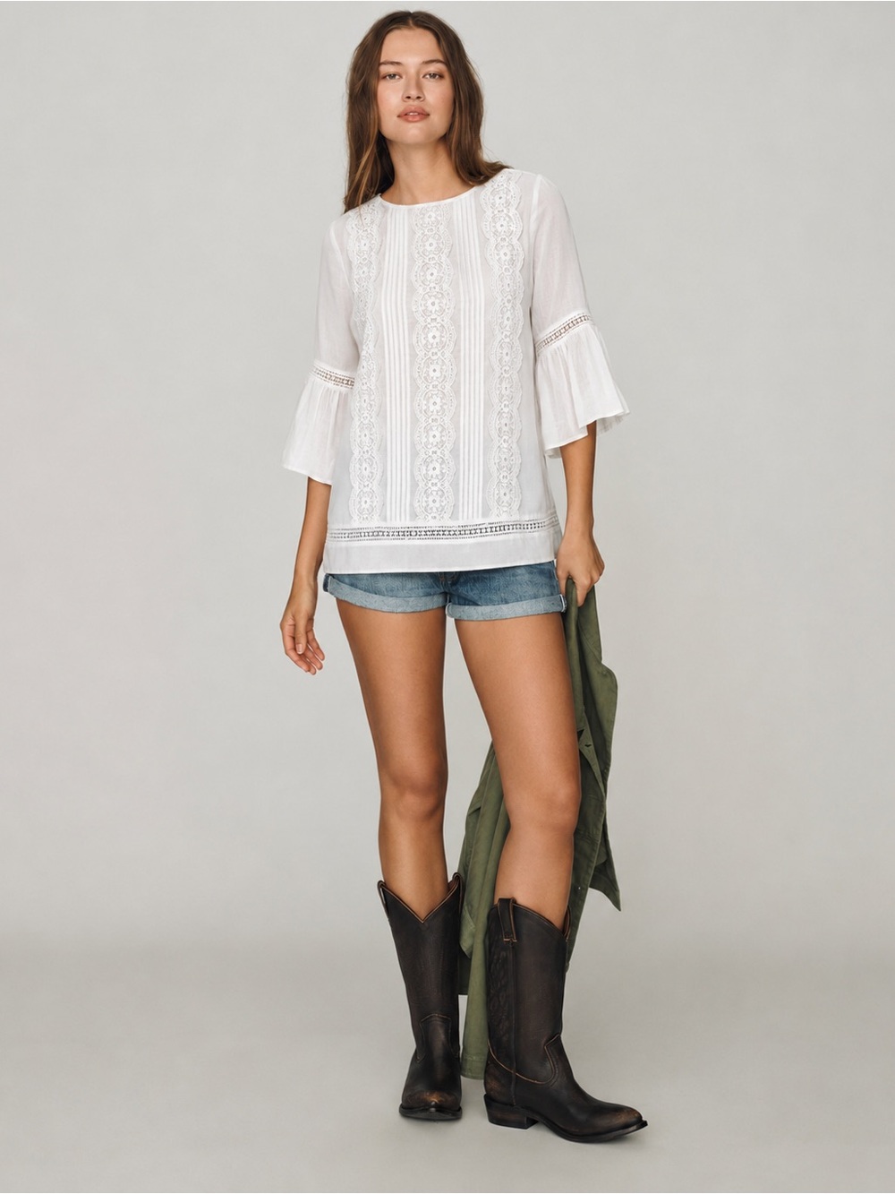 LOFT Lace Pintuck Bell Sleeve Blouse Ivory Size S